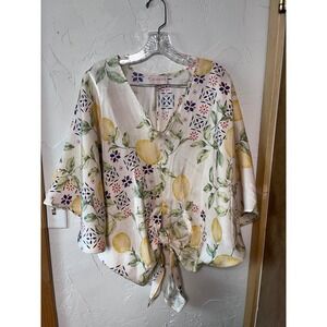 CIEBON Womens Lemon Floral Print V Neck Tie Front Kimono Sleeve Blouse Top S